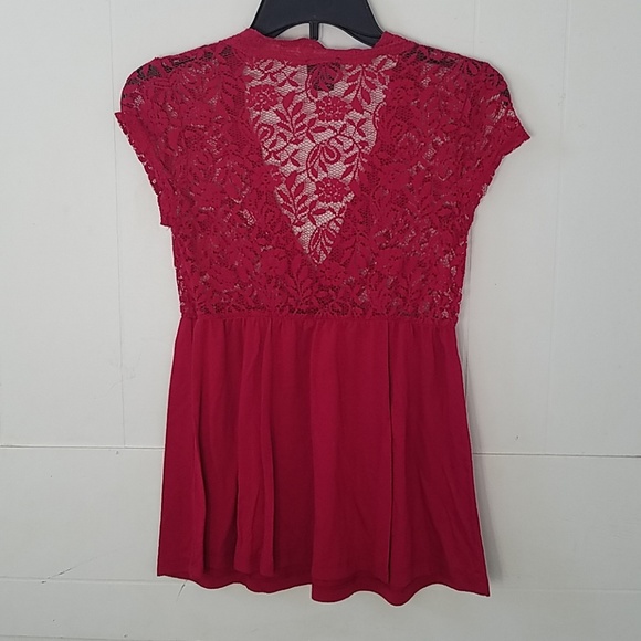 Red Lace V-Neck Babydoll Top - Sheer bust flowy blouse - Size small - Picture 7 of 8
